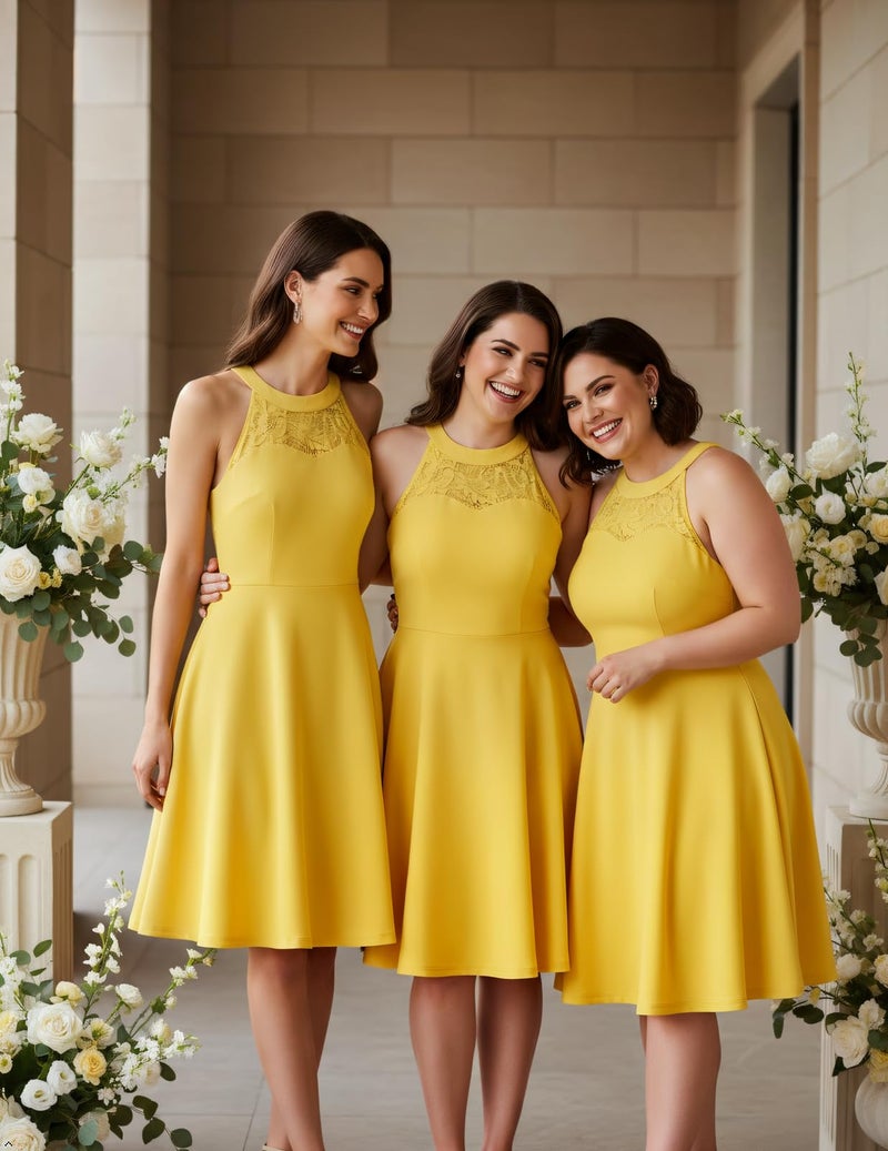 Bbonlinedress Yellow Vintage Short Halter Wedding Guest Dress Cocktail Prom Bridesmaid Lace Semi Formal Dress Yellow S - Image 4